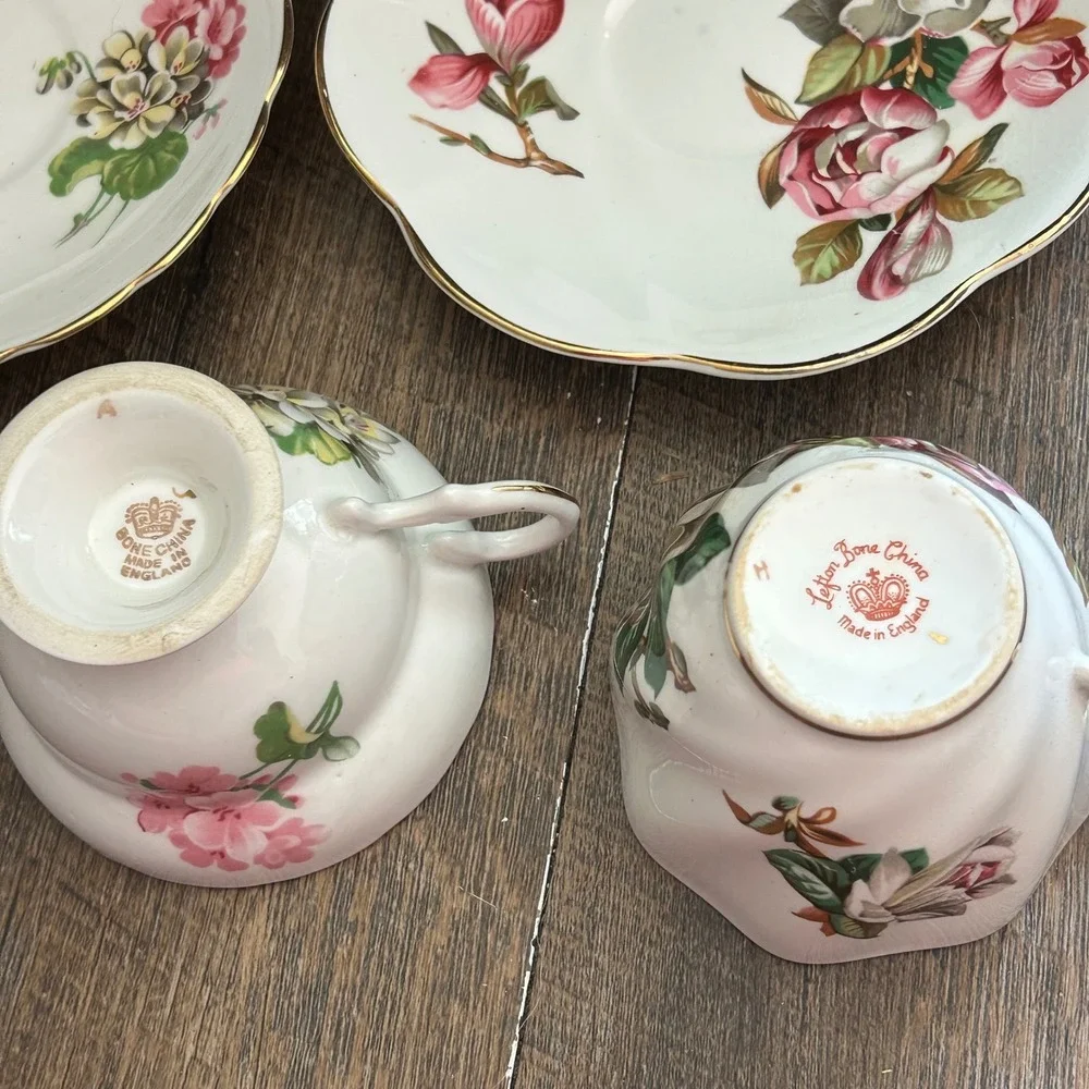 Lefton Bone China Teacup Saucer Sets Made in England Floral Gold Trim 2 Pairs